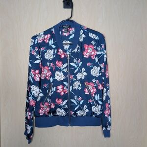 Feminine Floral Santanee Bomber Jacket - Blue with Pink and White Accents